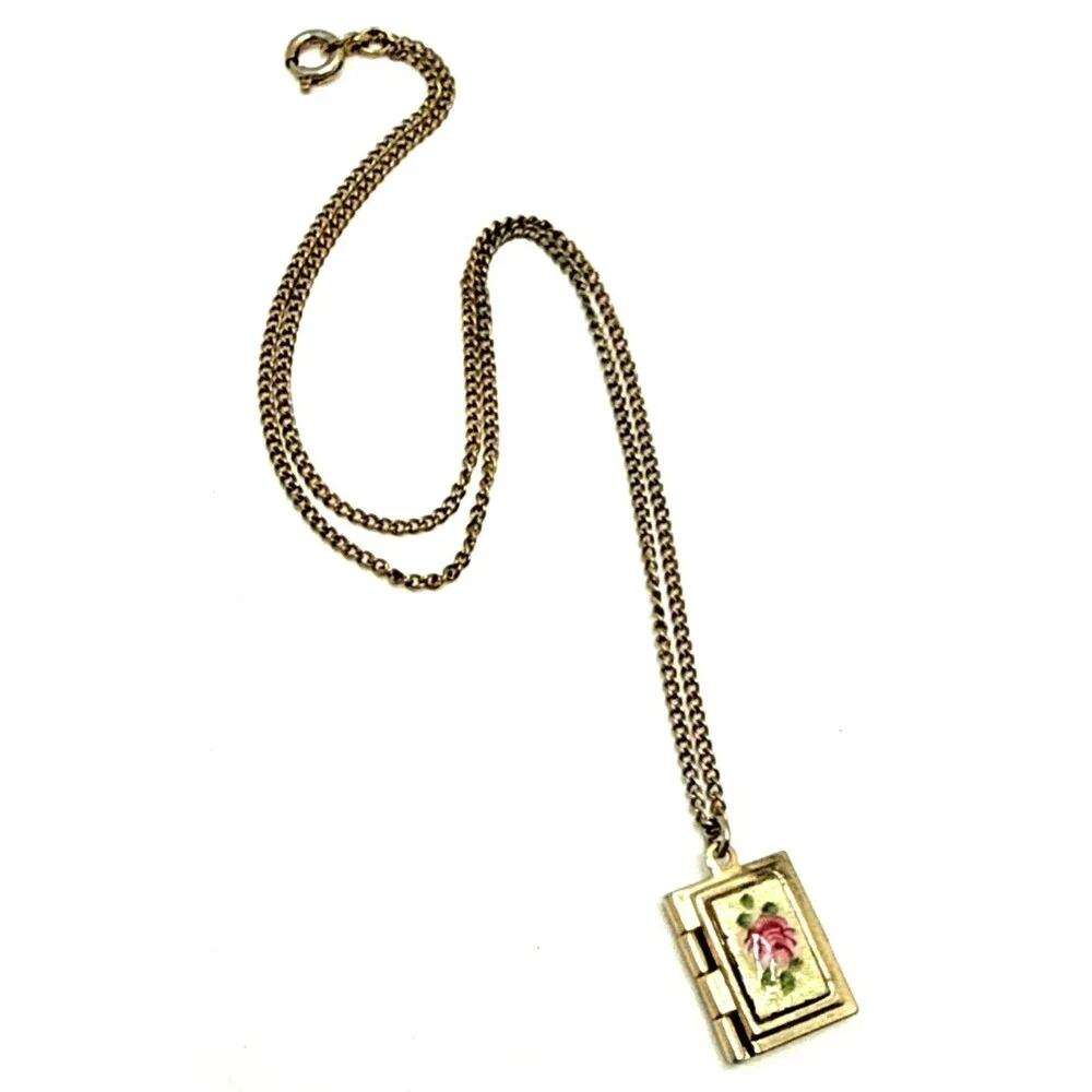 Vintage Guilloche Enamel Locket Necklace Child Size Rose Design Gold Tone 15